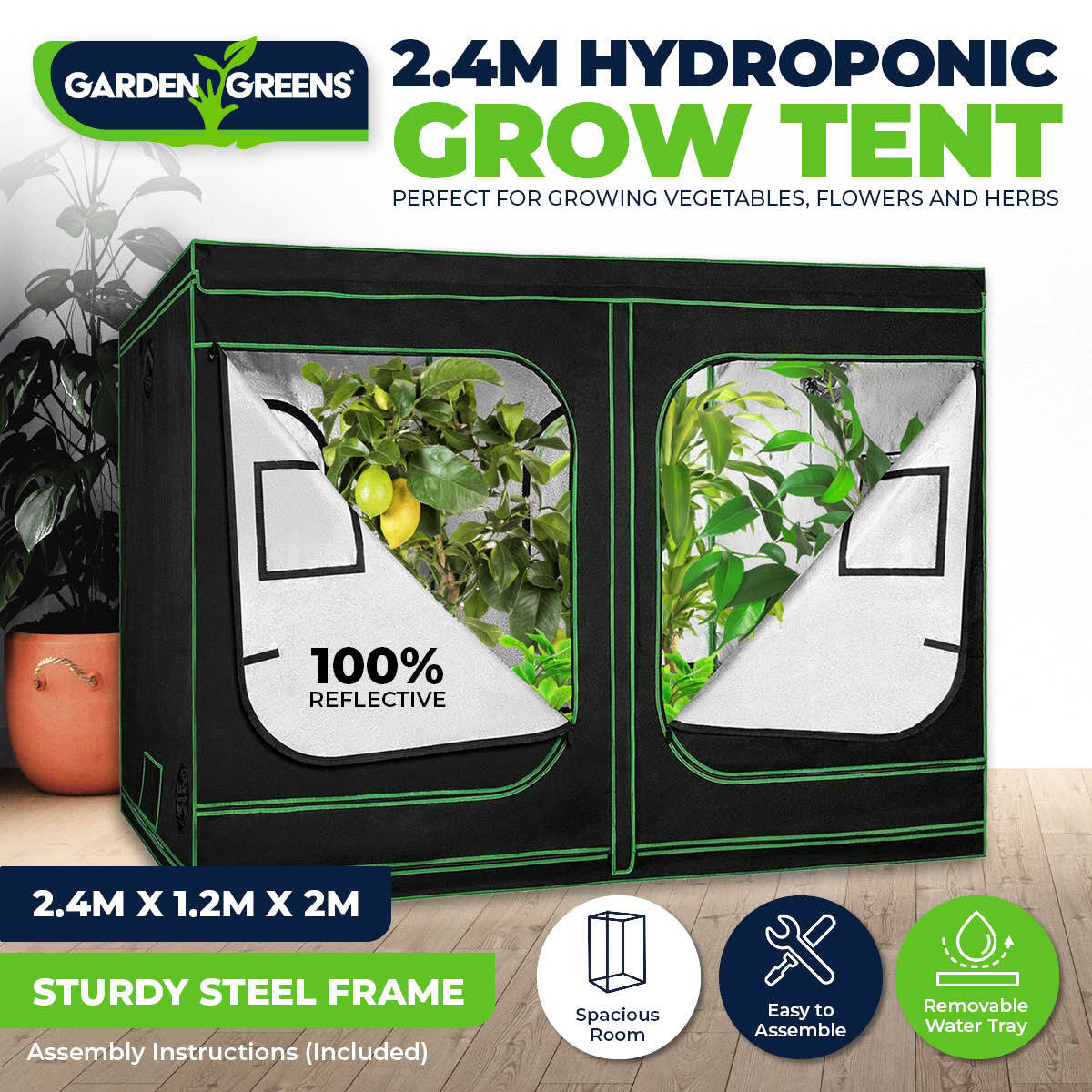 Garden Greens Grow Tent Kits 2.4m x 1.2m x 2m Hydroponics Indoor Grow System